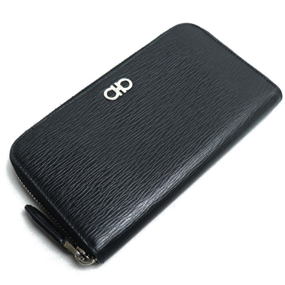 Salvatore Ferragamo Gancini Long Wallet Round Zipper Leather Black